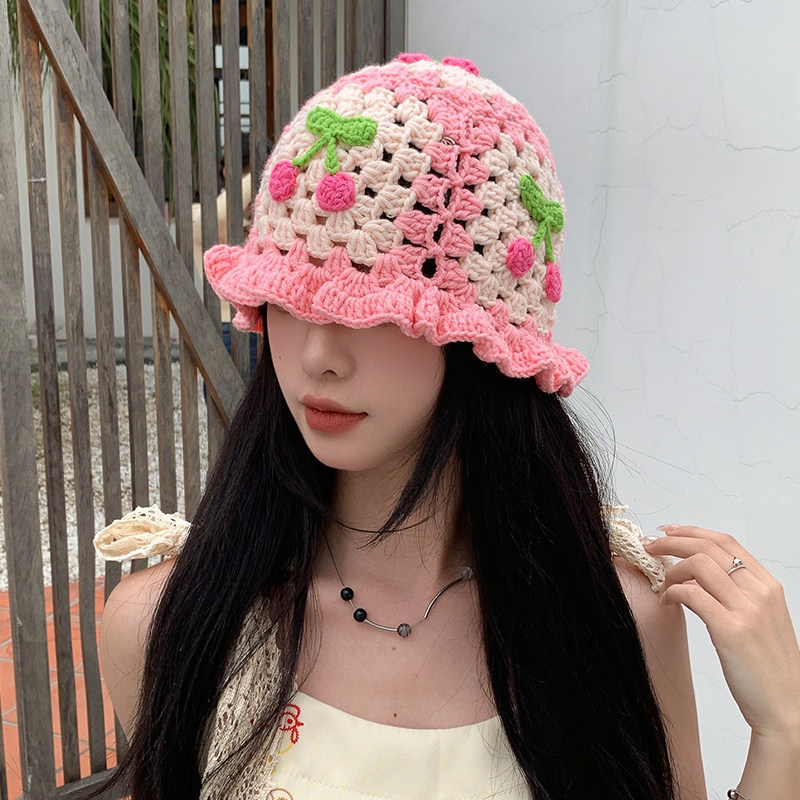 甜美针织樱桃渔夫帽女田园风可爱毛线编织盆帽显脸小木耳边帽子潮