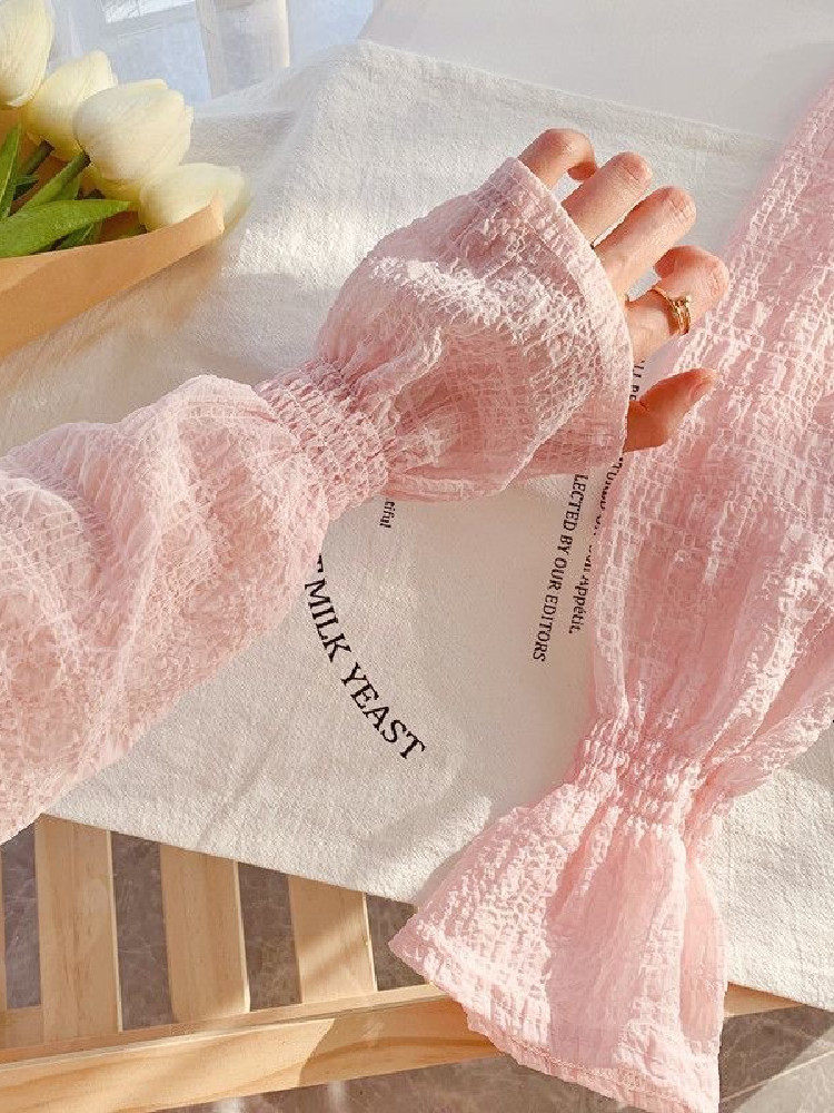 SUMMER CHIFFON COTTON SUNSCREEN SLEEVE PLEATED PUFF SLEEVE ICE SILK SOLID COLOR GLOVE ARM GUARD ICE SLEEVE WHEN GOING OUT TO DRIVE