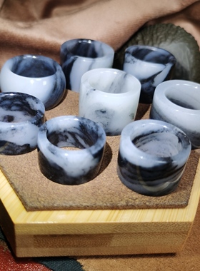 新疆和田玉精品青花籽料黑白意境扳指 指环 板戒男女款板戒礼品