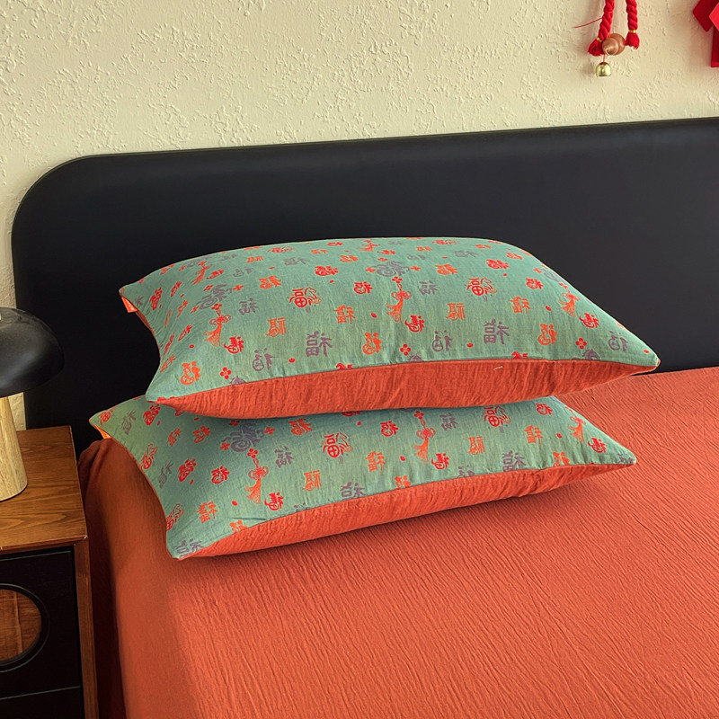 新中式国风印花枕套绿色花卉棉质舒适透气拉链枕套纯棉枕芯内胆套