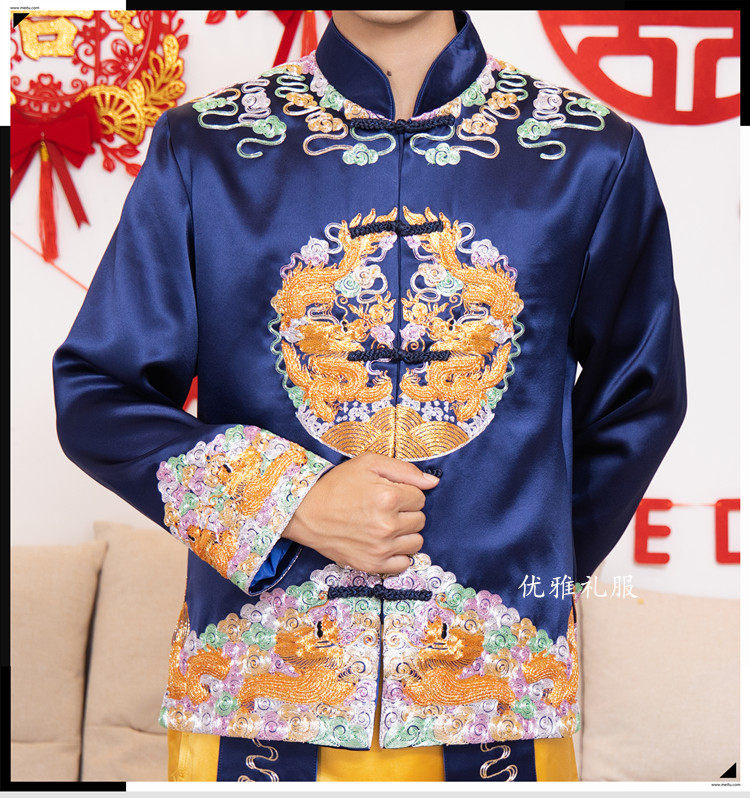 定制 新中式结婚男装 秀和服龙凤褂马褂裙褂唐装结婚礼服男蓝色02