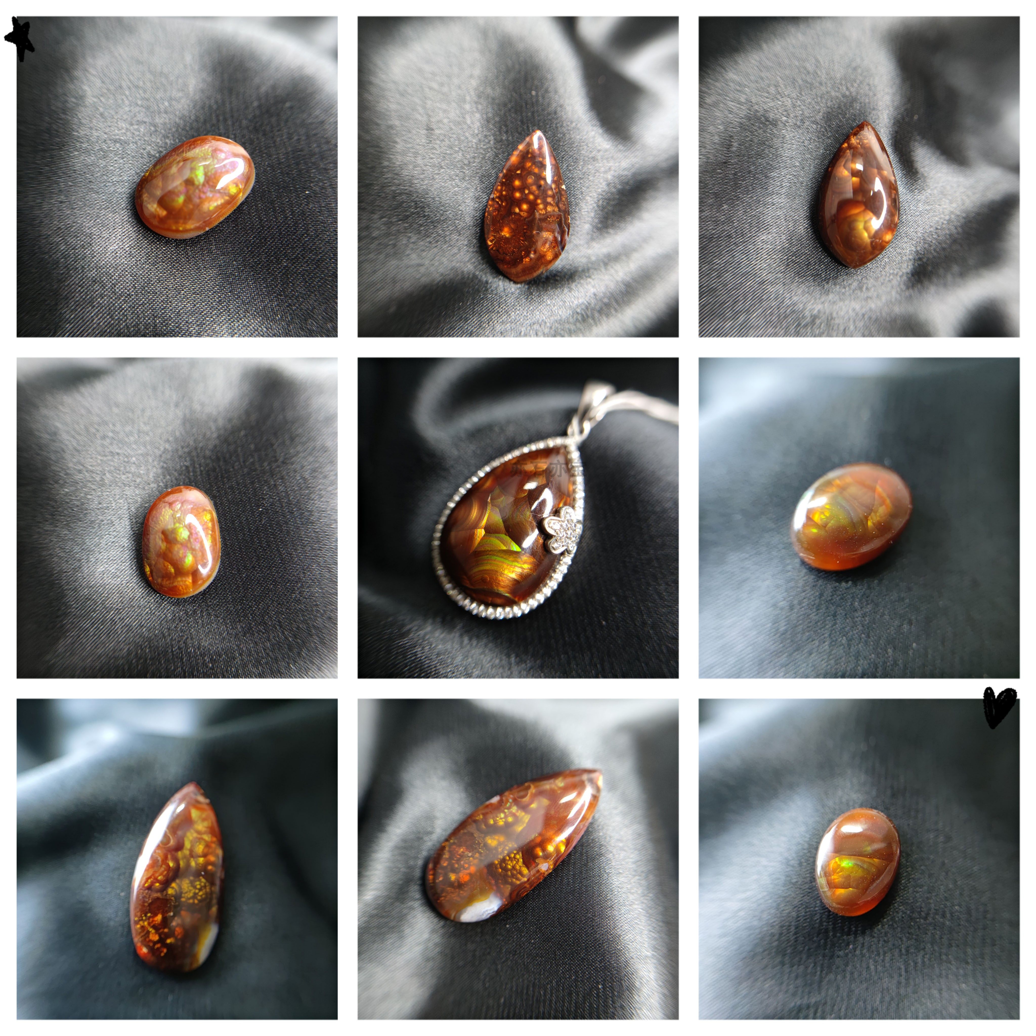 墨西哥天然火玛瑙吊坠戒面珍贵宝石裸石配对戒指k金首饰镶嵌戒面