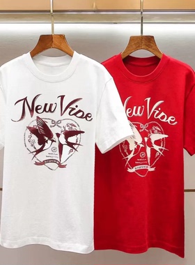 正品短袖T恤2026春新品棉质双层植绒印花新年燕子红色MBF1TEET16