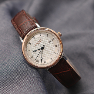 julius聚利时复古休闲皮带手表女夜光带日历情侣手表学生石英表男