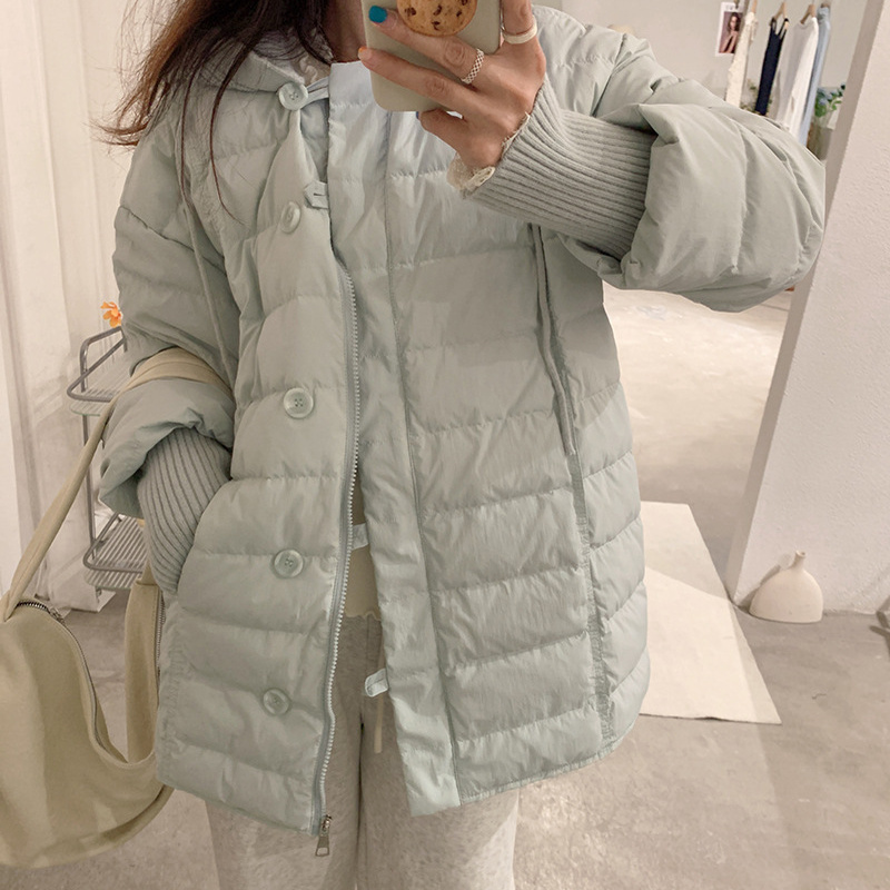 韩系立领针织拼接中长款羽绒服女2025冬季加厚保暖排骨白鸭绒外套