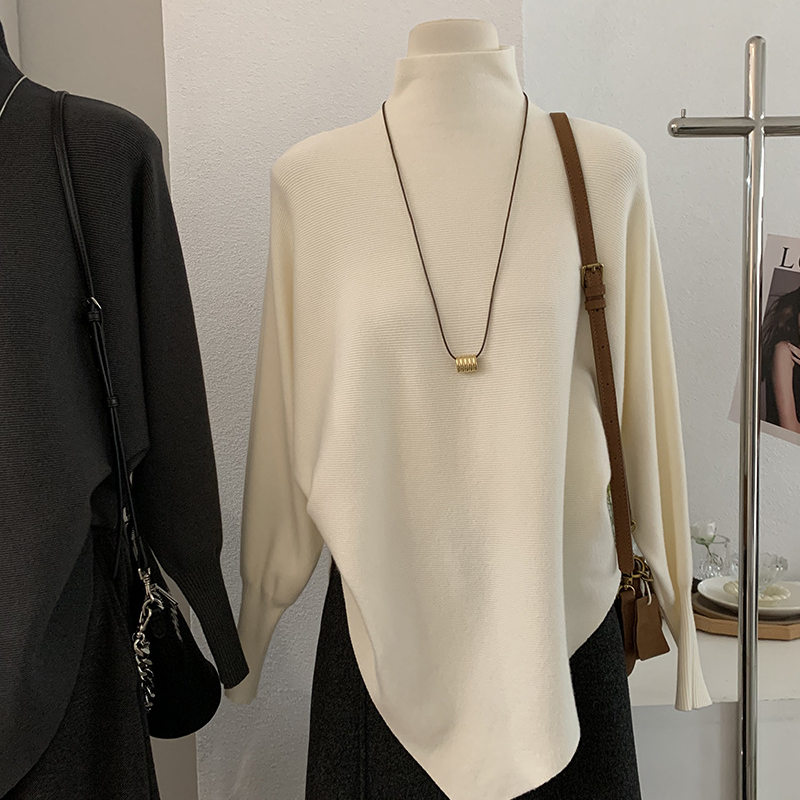 东大门法式chic不规则设计感蝙蝠袖宽松针织衫慵懒风高领毛衣上衣