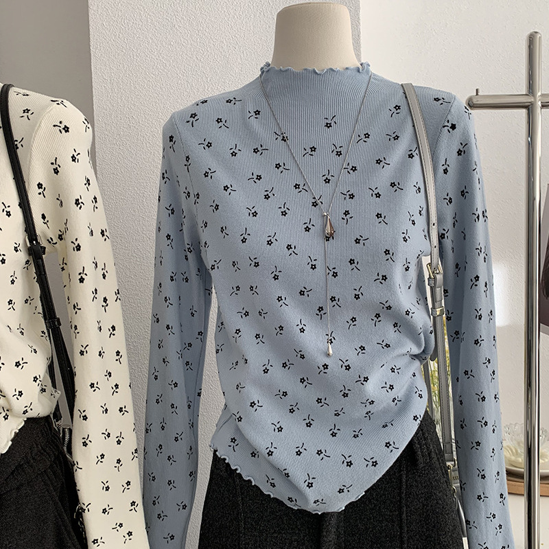 韩式木耳边半高领碎花针织衫女长袖秋冬洋气百搭小衫显瘦打底上衣