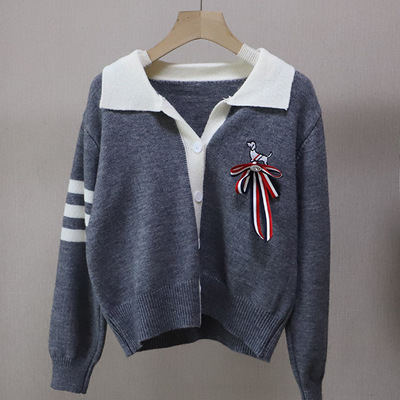 小狗刺绣蝴蝶结装饰针织开衫女25秋冬新款学院风POLO领短款上衣女