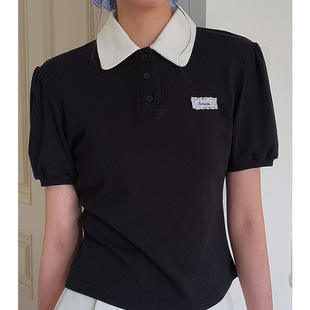 新品 短袖 2025夏季 韩系撞色POLO领衬衫 T恤 修身 上衣女休闲百搭短款