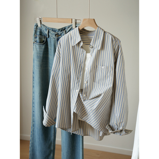 60支全棉色织衬衫 女士复古蓝条纹纯棉衬衣长袖 日常 春秋款 女装