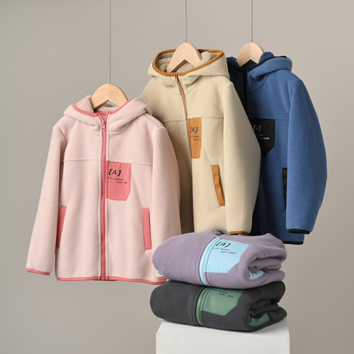 A类加厚儿童双面绒撞色连帽外套