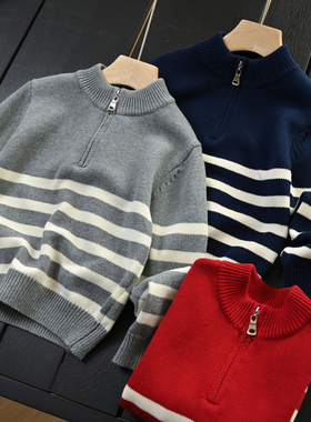 全棉棉线毛衣 儿童半高拉链针织衫 男女童条纹上衣 中大童 秋童装