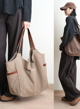 简约棉麻托特包 大容量多隔层单肩斜挎包 带侧袋休闲女包k