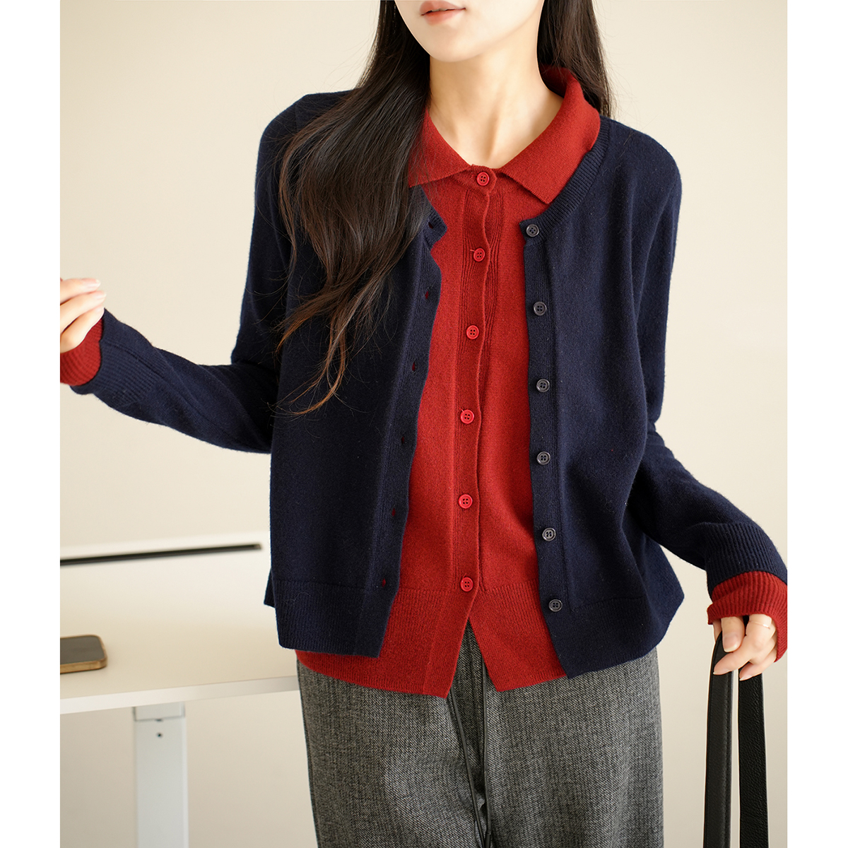 特价  假两件女士羊毛开衫 衬衣领针织毛衫外套 秋冬款女装