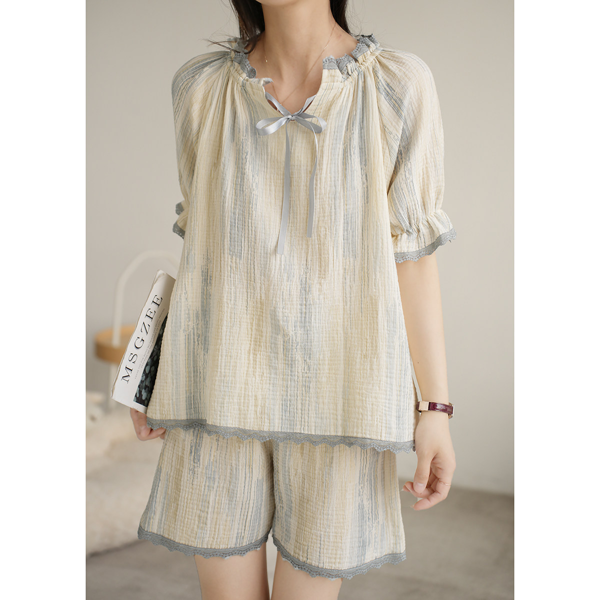 双层绉布 女士纯棉纱布睡衣套装 V领蕾丝边全棉短袖短裤 家居夏装