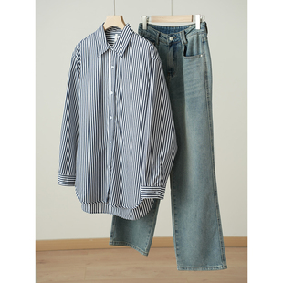 长袖 全棉宽松通勤衬衣 上衣 春夏款 长绒棉 女装 女士纯棉条纹衬衫