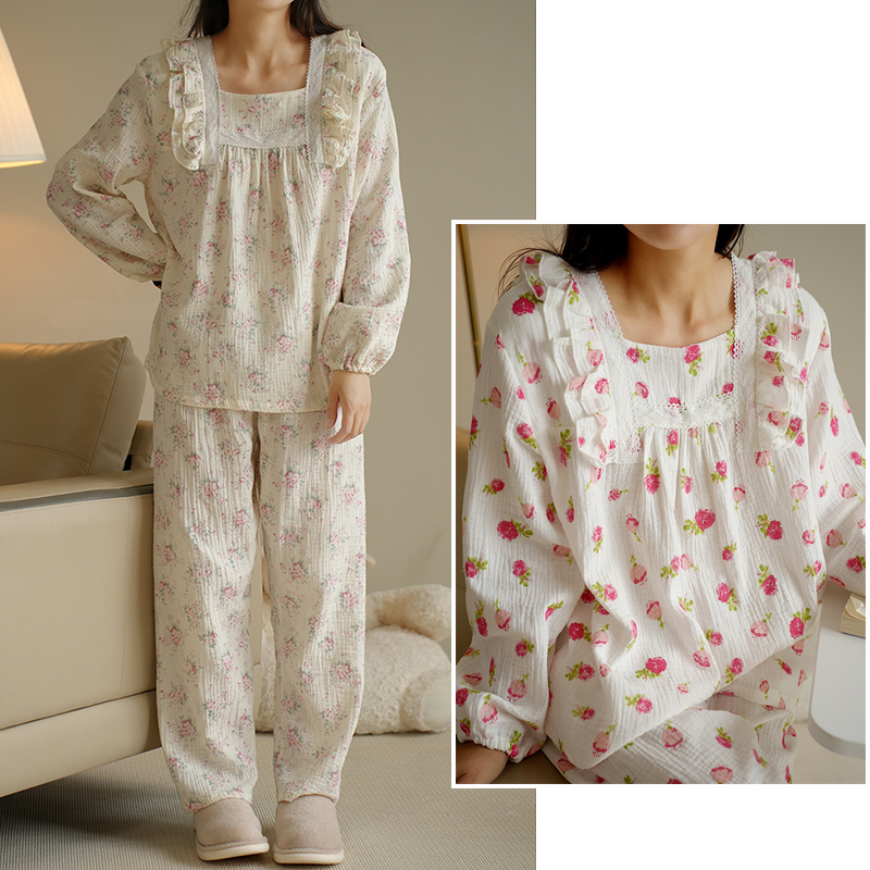 蕾丝纯棉起居服女士睡衣睡裤