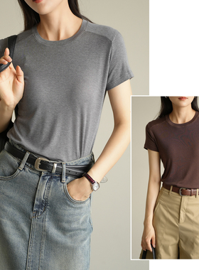 醋酸+莱赛尔 夏日清爽T恤 女士圆领薄款短袖 纯色正肩T 夏款女装