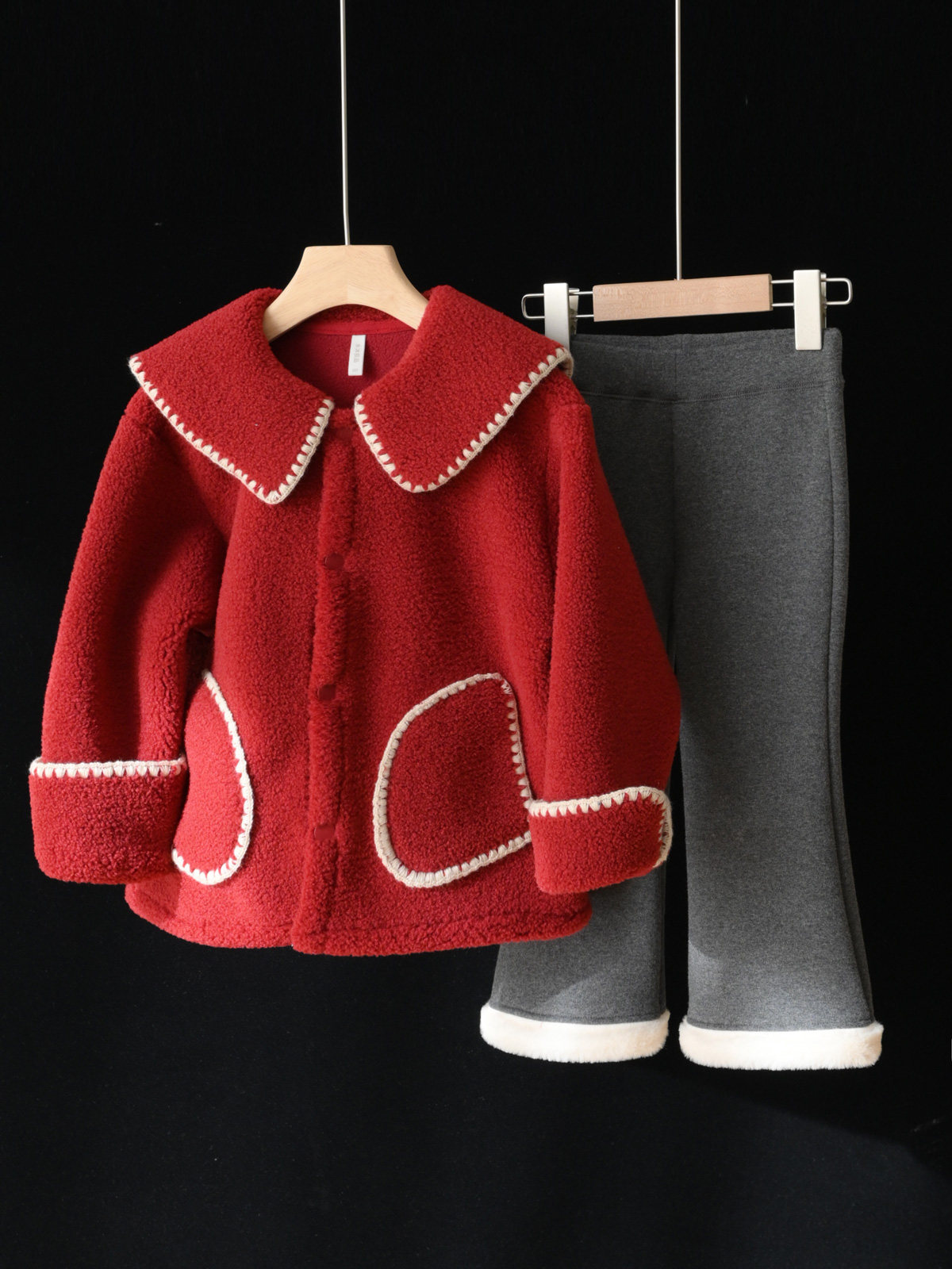 아동복 단발 여아 모조 셰르파 재킷 가디건 중대형 아동용 플러스 벨벳 부츠컷 팬츠 겨울 스타일