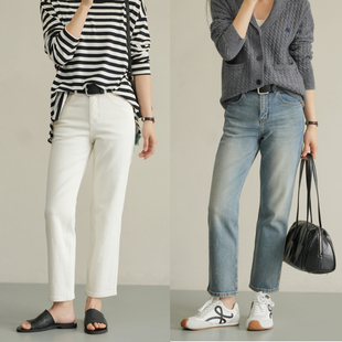 女装 女士牛仔法棍裤 春款 好搭配 中蓝色磨白直筒简约九分烟管裤