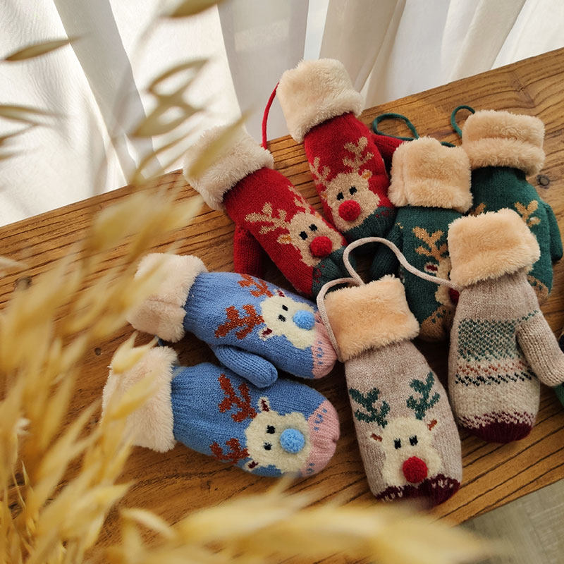 3-6岁秋冬加厚珊瑚绒手套儿童加绒毛线手套挂脖款保暖男女童厚款