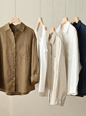 14支 水洗全亚麻 女士翻领长袖衬衣 通勤宽松衬衫上衣 春夏款女装
