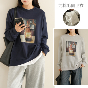 秋冬款 宽松套头衫 大童可穿 休闲印花 纯棉女士毛圈全棉圆领卫衣