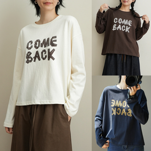 宽松落肩圆领上衣打底衫 T恤 秋k 女士棉质字母印花长袖 230g