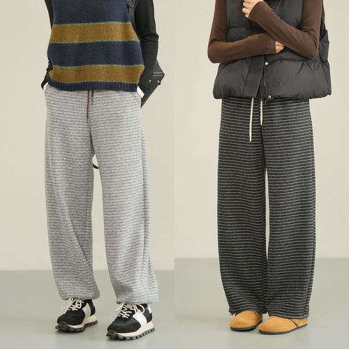 女士羊毛条纹两穿直筒裤