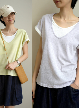 170G 棉质假两件拼色短袖T恤 女士V领薄款宽松休闲上衣夏k