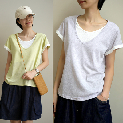 女士170G棉质假两件拼色短袖T恤