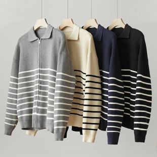 含莫代尔条纹针织开衫 男士 914g翻领抗起球毛衣宽松拉链外套