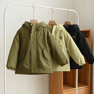 儿童防风夹棉连帽外套 男童纯色宽松保暖丝棉棉袄棉服中大童冬款
