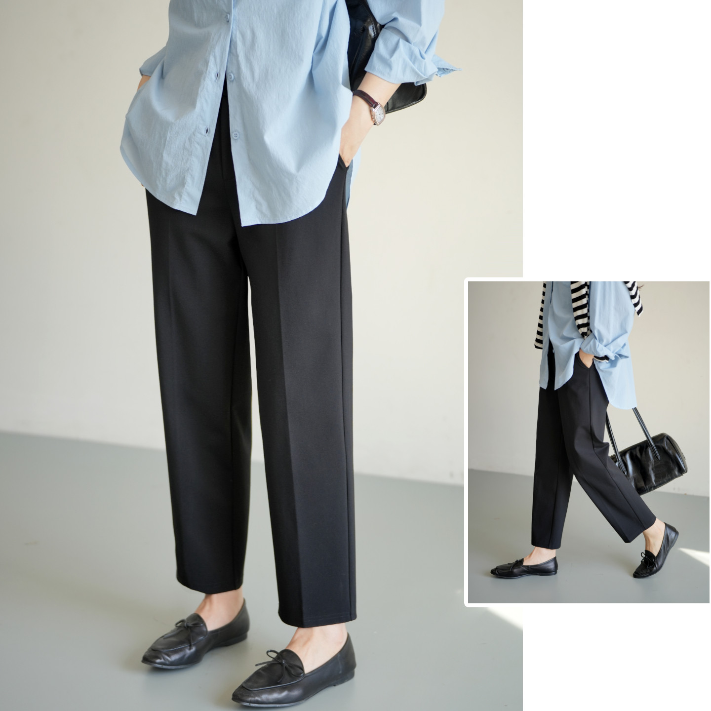 350g 女士标杆西裤 锦纶罗马布 松紧腰小直筒九分裤 女装 春款