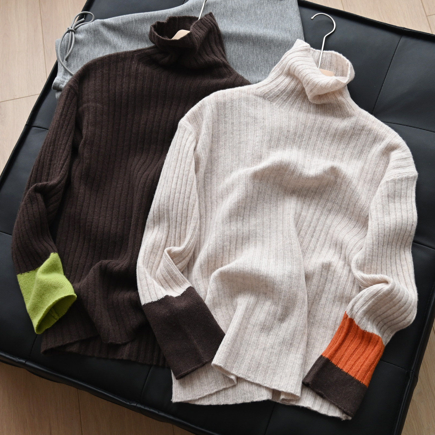 特  女士高领羊毛衫 袖口撞色上衣 针织羊毛毛衣 秋冬款