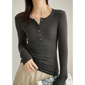 圆领弹力修身 春秋款 长袖 女士螺纹亨利领T恤衫 打底衫 内搭 女装