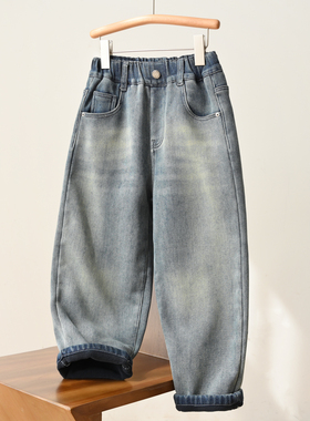 170儿童加绒牛仔裤 男童女童宽松一体绒休闲长裤 中大童童装 冬款