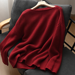 红色新年款 女士一字领毛衣 卷边纯色长袖针织羊毛衫 秋冬款