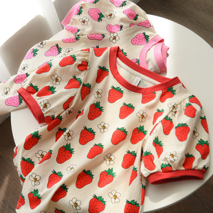 软印小草莓 儿童纯棉T恤 女童圆领泡泡袖短袖上衣 中大童 夏款