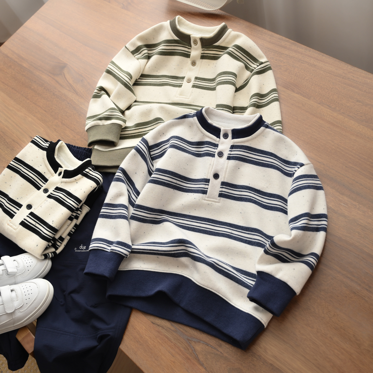 点子纱条纹卫衣儿童立领打底衫