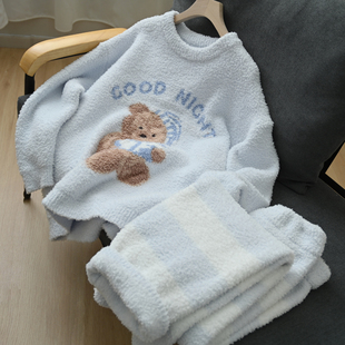 软乎乎 女士半边绒家居服套装 软萌小熊睡衣睡裤 可外穿 冬款女装