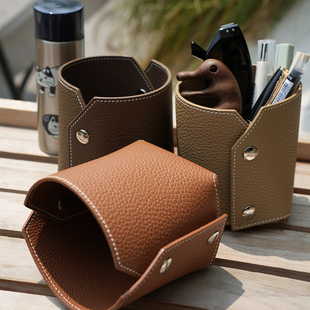 头层牛皮 家用遥控器杂物收纳盒 可拆卸真皮笔筒化妆刷收纳桶k