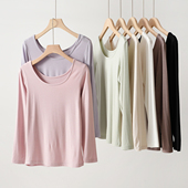 高弹力内衣女士秋衣上衣秋冬款 打底衫 女士大U领针织长袖 肌肤衣