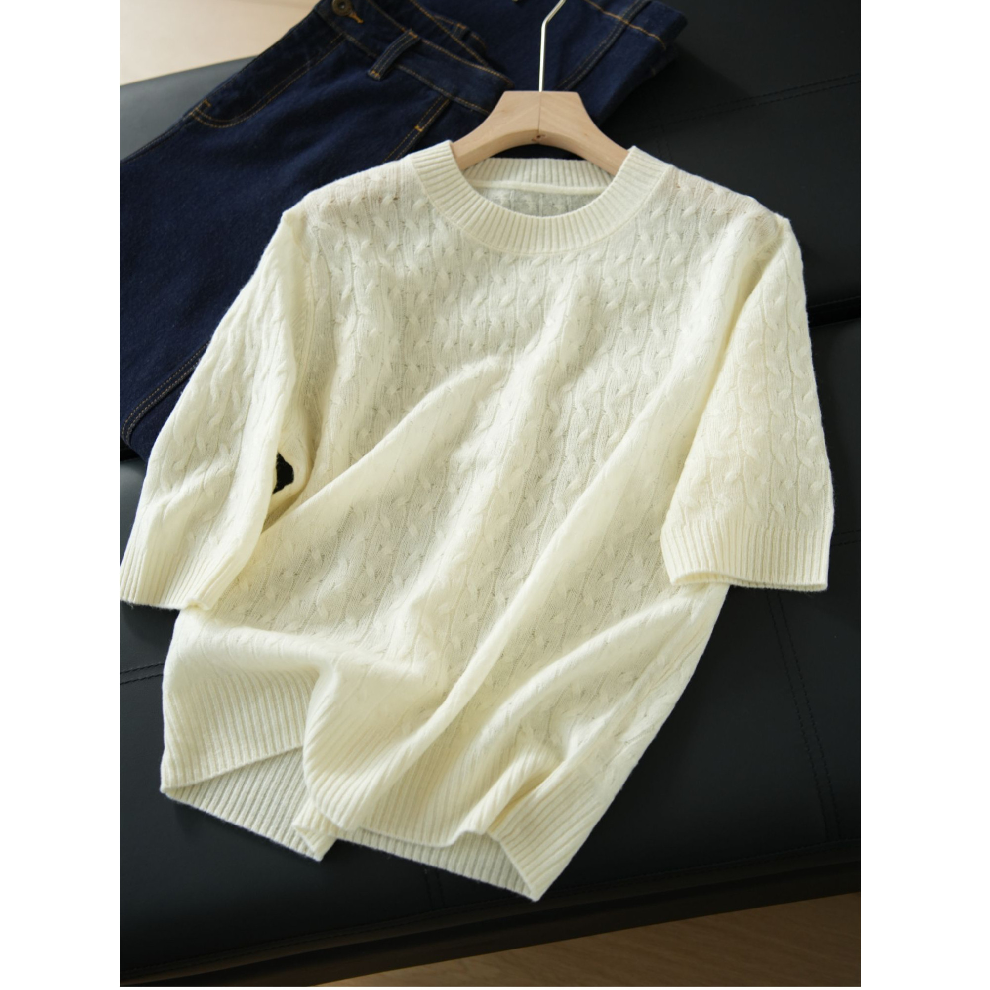 初春 女士针织短袖上衣 麻花纯色羊毛衫 春秋款 女装