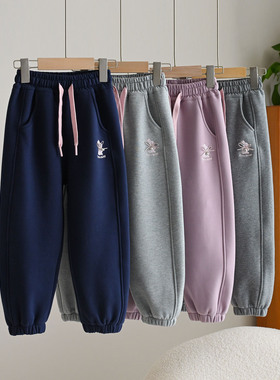 女童加绒卡通小兔卫裤 儿童一体奥粒绒收口运动长裤校服裤子 冬款