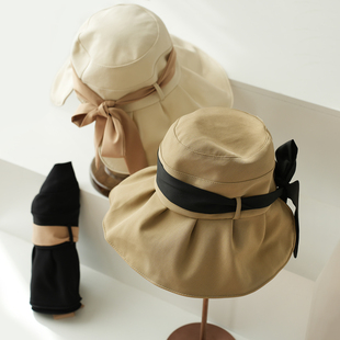 环绕式大帽檐 女士户外遮阳帽 飘带蝴蝶结渔夫帽 显脸小太阳帽子