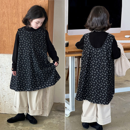 女童碎花叠穿春秋牛仔背心裙子