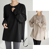 山东网店春秋女装 40支棉 宽松叠穿中长款 打底衫 慵懒 女士圆领T恤