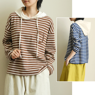 春款 230g棉质女士细条纹连帽长袖 休闲上衣 宽松落肩袖 T恤