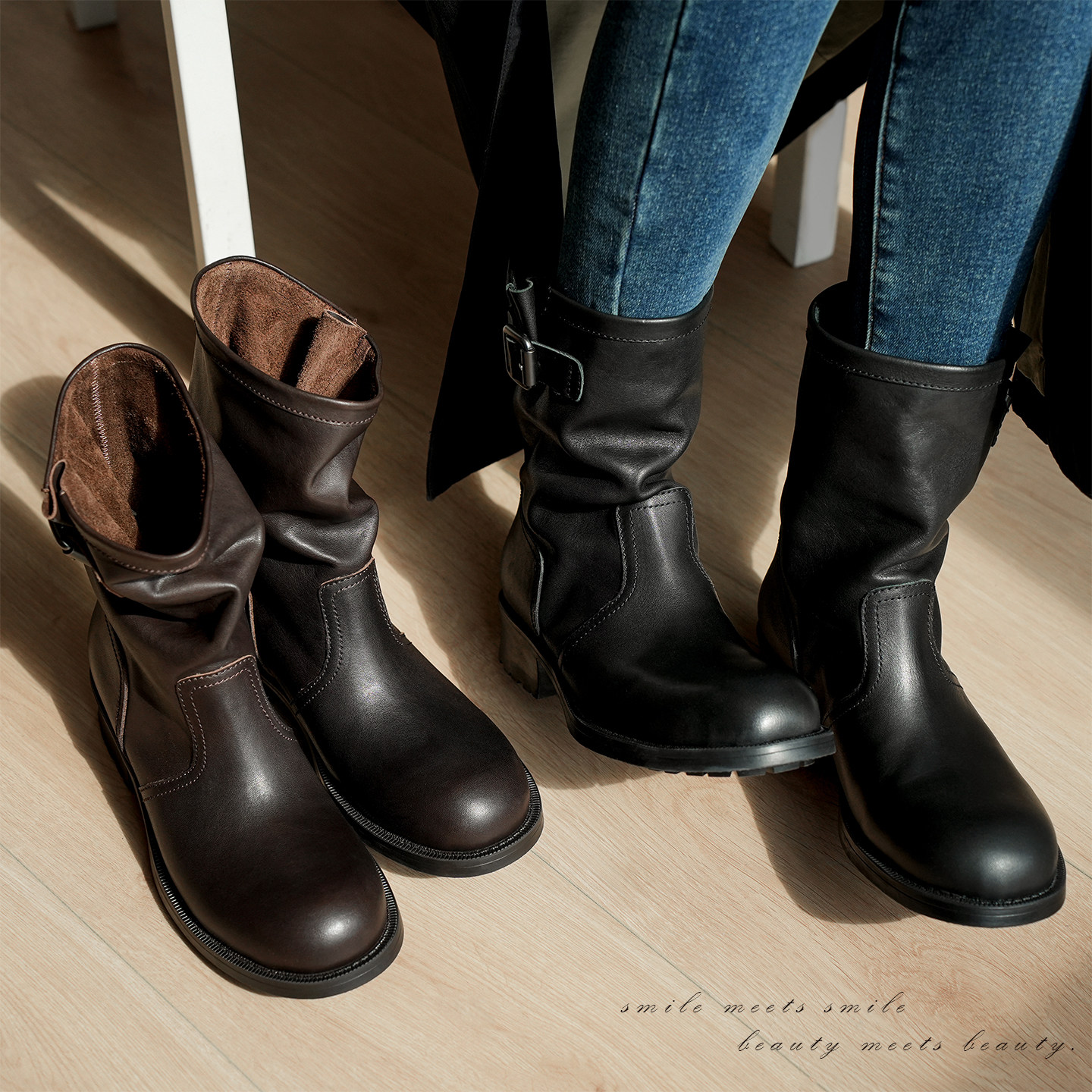 头层牛皮 可调节皮带扣酷飒骑士靴 女士圆头粗跟套筒短靴 冬季k,女鞋,时装靴,淘宝优惠券,粉丝福利购,淘宝优惠卷